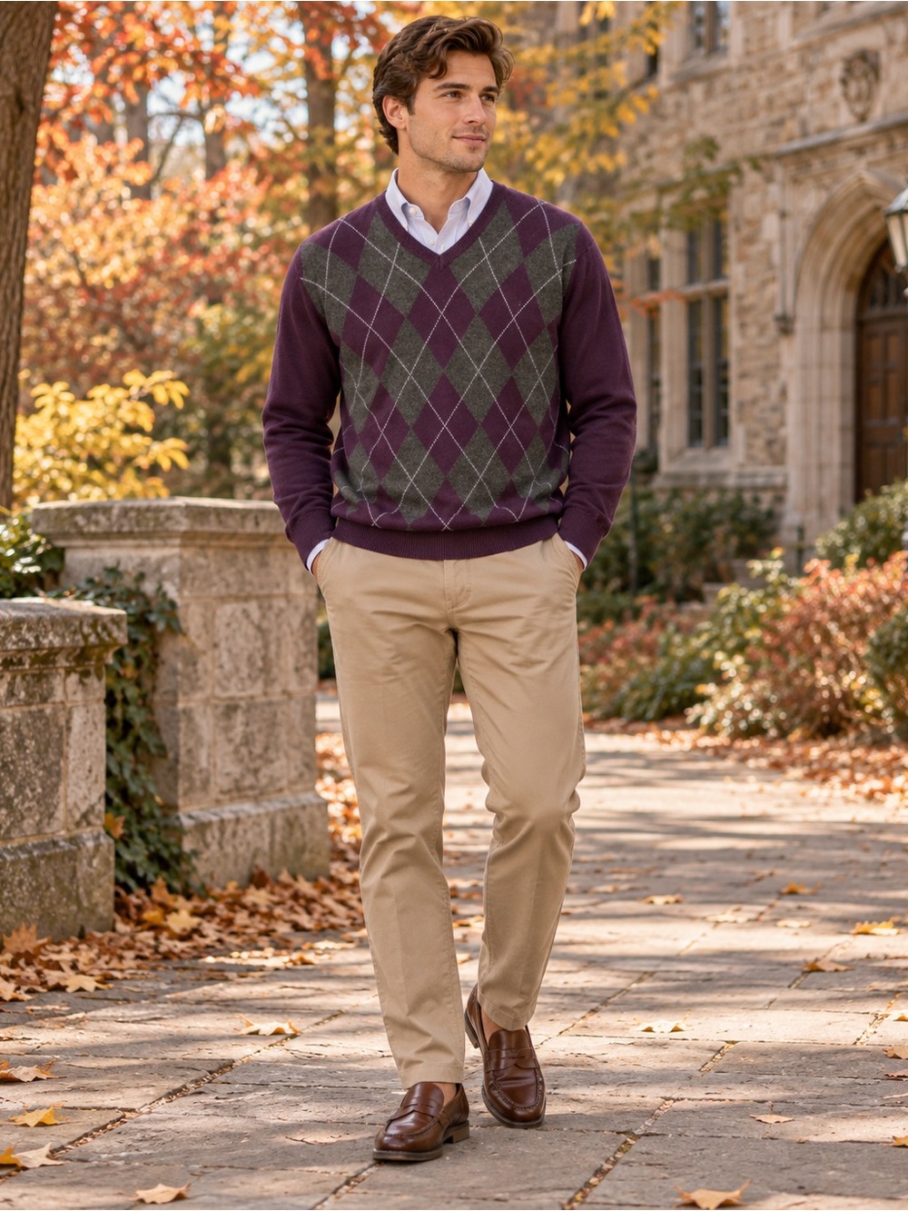 IZOD Men’s Large Argyle V-Neck Cotton Sweater Purple Gray Preppy